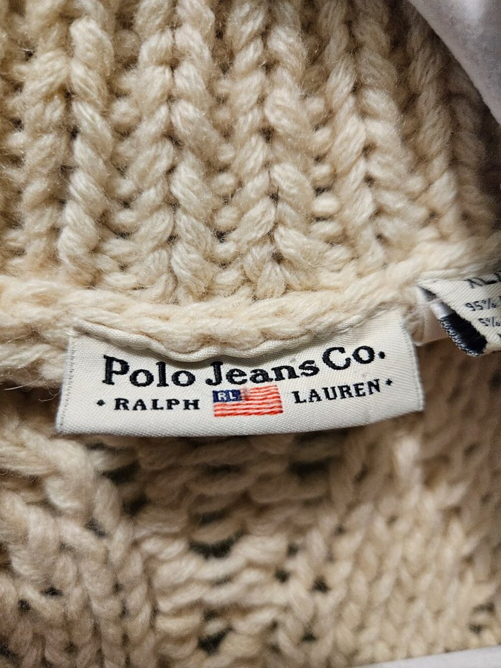 Polo Jeans Co. Ralph Lauren Chunky Knit Cardigan Sweater Ivory XL Fisherman Y2K - Picture 2 of 9